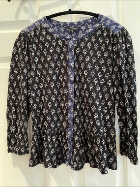 Lucky Brand Black/Blue Floral-Print Peplum Blouse Size SMALL PETITE